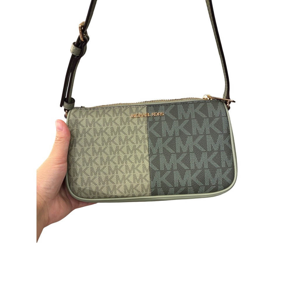Michael Kors Jet Set MD Pouchette Thyme Multi Logo Shoulder Bag 38S6GJ6U6V